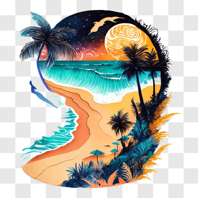 Download Tropical Beach with Surfers and Moon PNG Online - Creative Fabrica