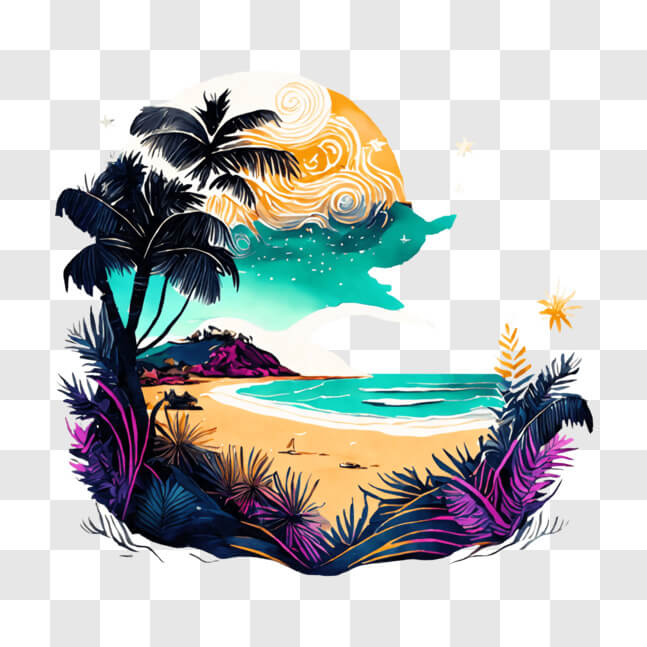 Download Moonlit Beach with Palm Trees and Stars PNG Online - Creative ...