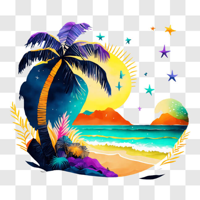 Download Tropical Beach Illustration with Stars and Moon PNG Online ...