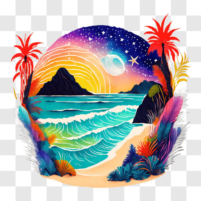 Download Vibrant Beach Painting with Night Sky and Marine Life PNG ...