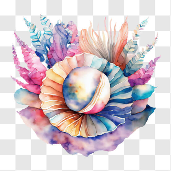 Ocean Shell Watercolor Painting with Colorful Flowers and Plants Sketches thumbnail