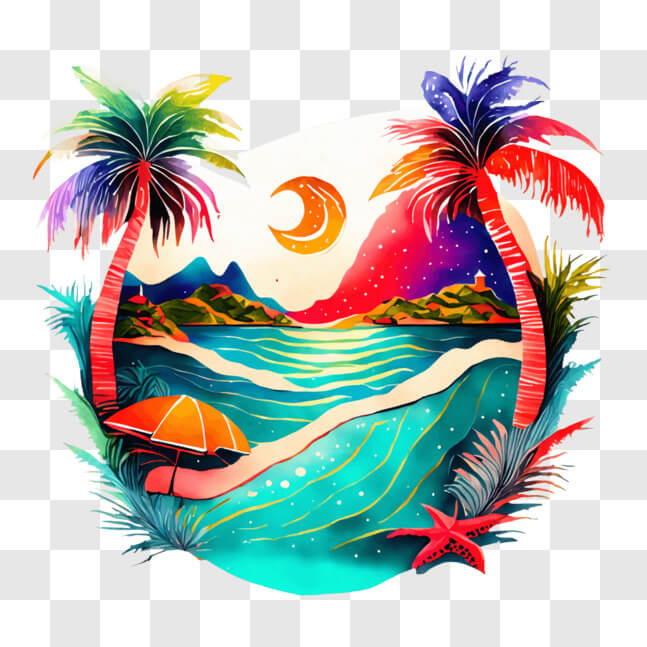 Download Colorful Tropical Island Scene with Palm Trees and Moon PNG ...