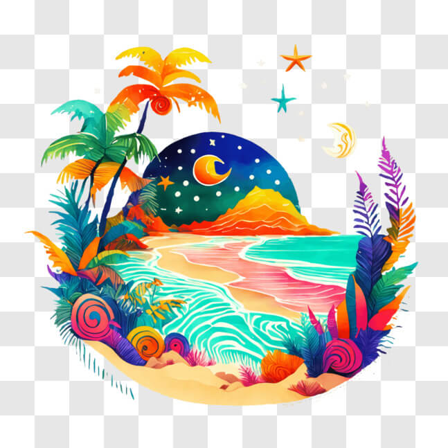 Download Vibrant Tropical Scene with Palm Trees and Ocean PNG Online ...