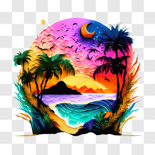 Download Vibrant Sunset with Palm Trees and Ocean View PNG Online ...