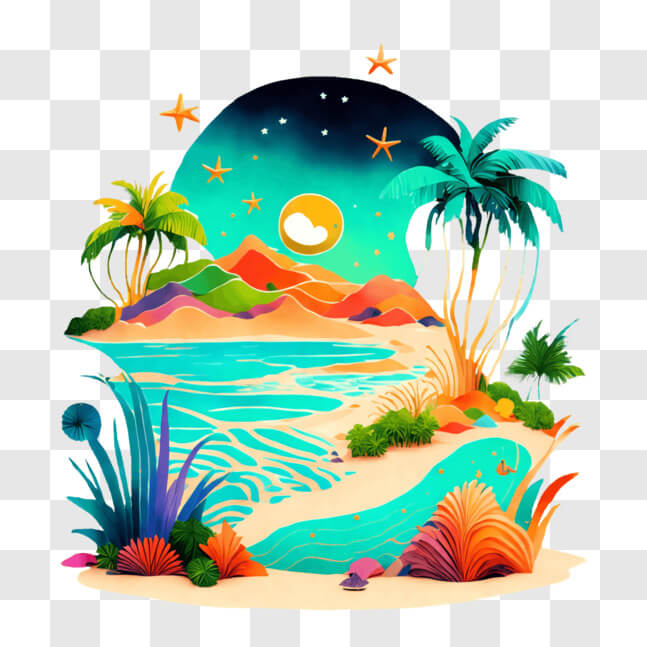 Download Tropical Island Illustration with Palm Trees and Stars PNG ...