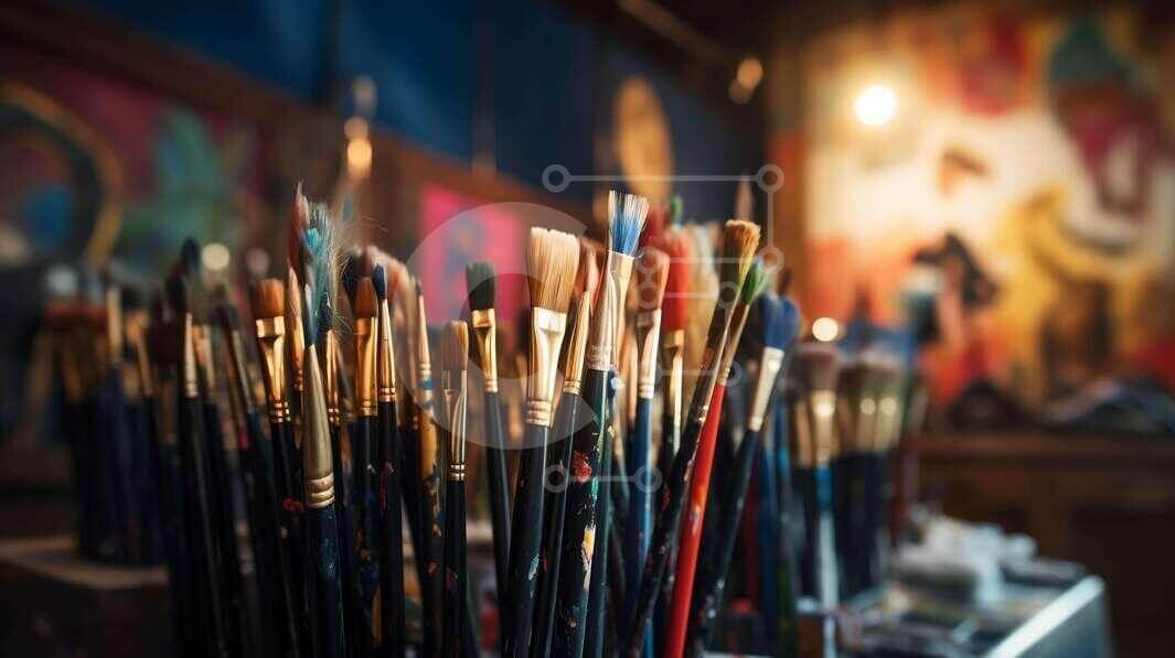 Art Studio with Various Paint Brushes and Paintings on Display stock ...