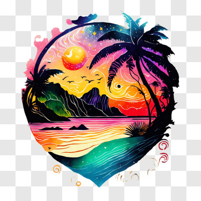 Download Vibrant Tropical Scene with Palm Trees and Ocean Sunset PNG ...