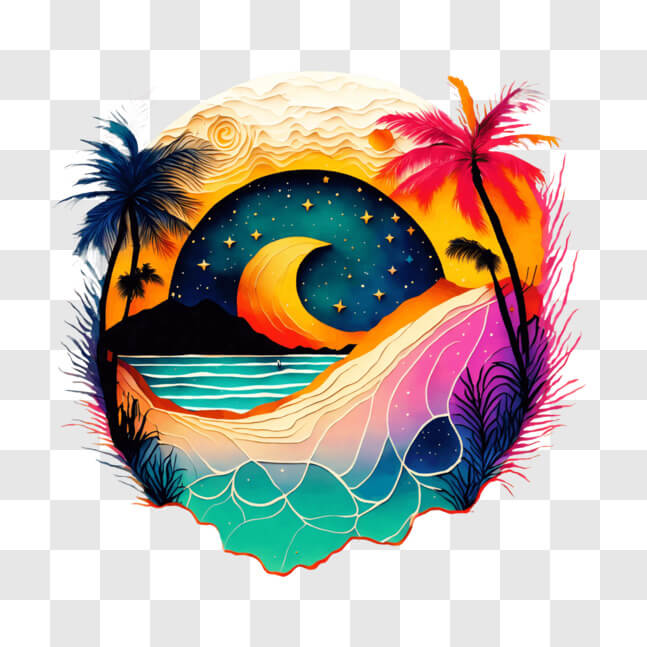 Download Tropical Beach Art Print with Moon and Palm Trees PNG Online ...