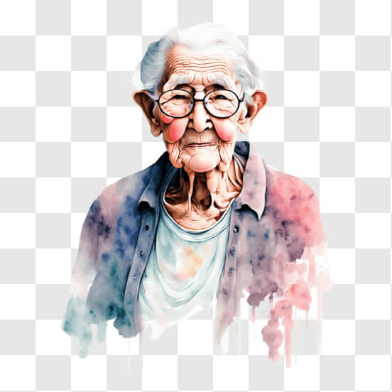 Watercolor Painting of Elderly Woman with Glasses