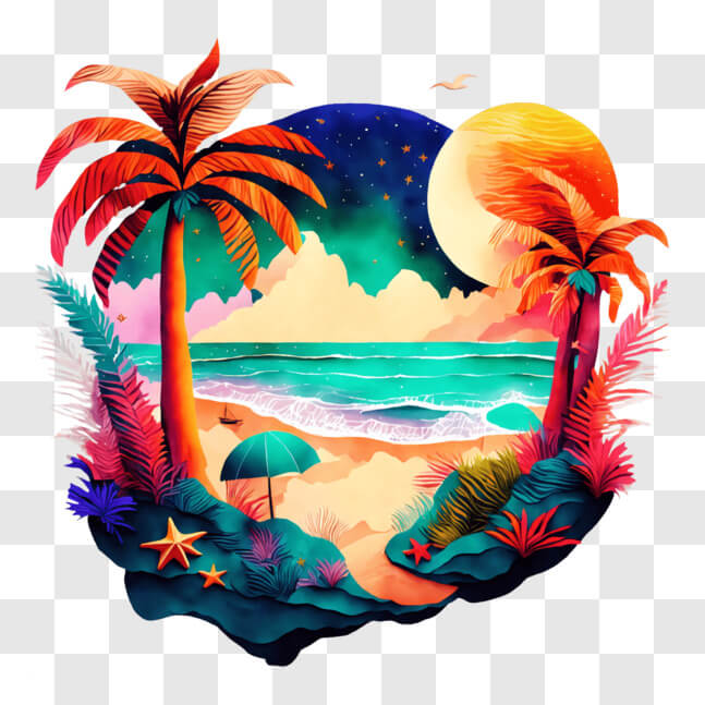 Download Serene Tropical Beach with Palm Trees and Moon PNG Online ...