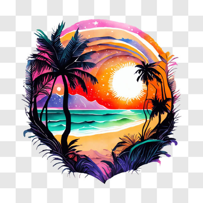 Download Vibrant Beach Painting with Sun Setting Behind Palm Trees PNG ...