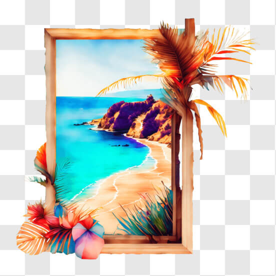 Download Tropical Beach Painting with Palm Trees and Ocean PNG Online ...