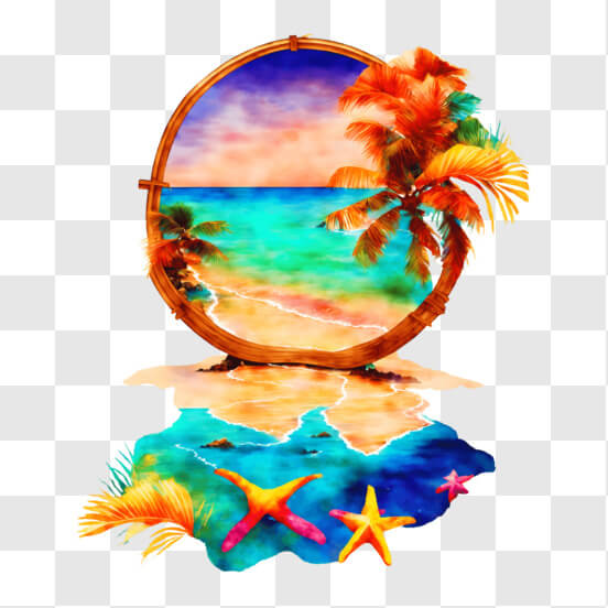Download Tropical Beach Painting with Palm Trees and Ocean PNG Online ...