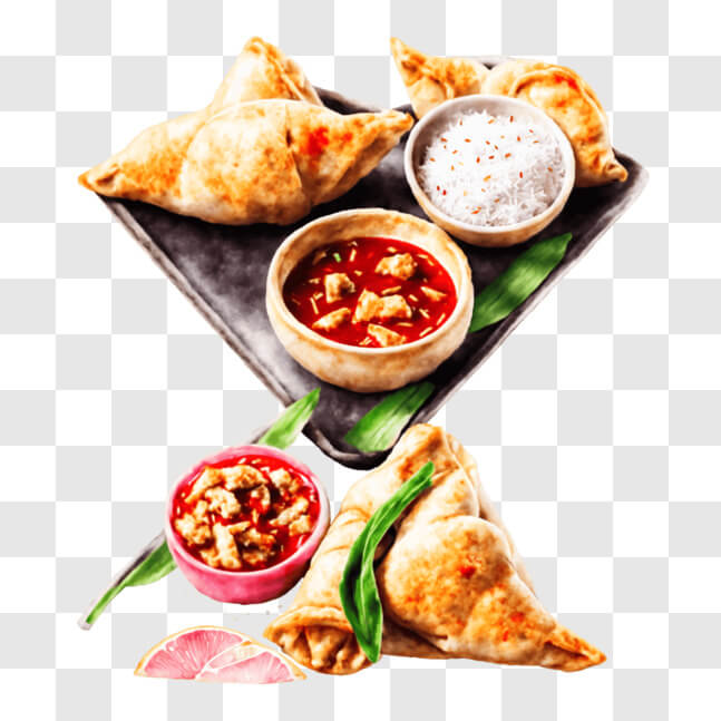 Download Delicious Assorted Dumplings and Sauces PNG Online - Creative ...
