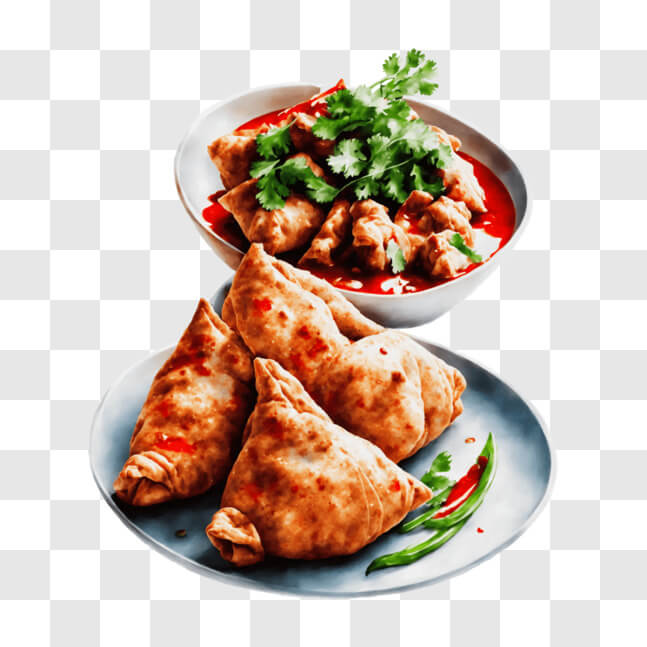 Download Tempting Samosas and Sauce PNG Online - Creative Fabrica