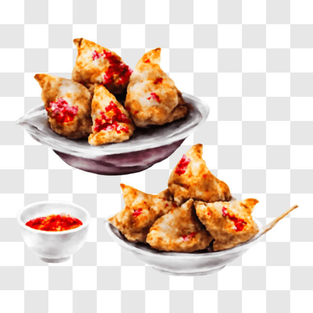 Download Fried Dumplings and Dipping Sauce in White Bowls PNG Online ...