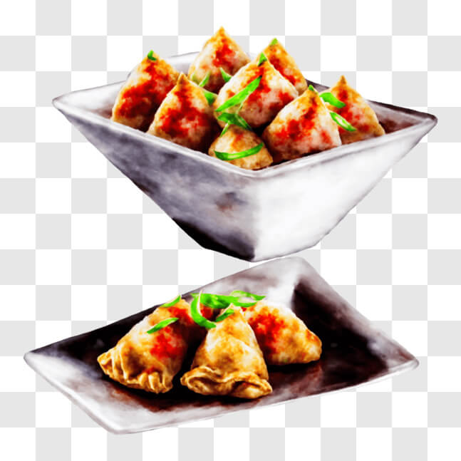 Download Delicious Stuffed Dumplings and Green Onions in White Bowls ...