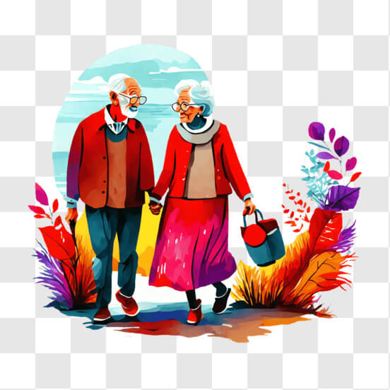 Download Elderly Couple Walking Hand-in-Hand with Flowers in Background ...
