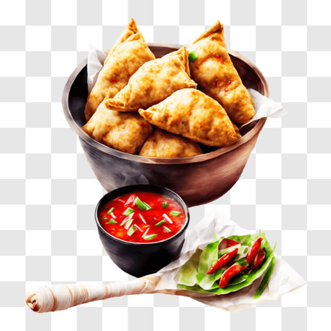 Download Samosas and Dipping Sauce PNG Online - Creative Fabrica
