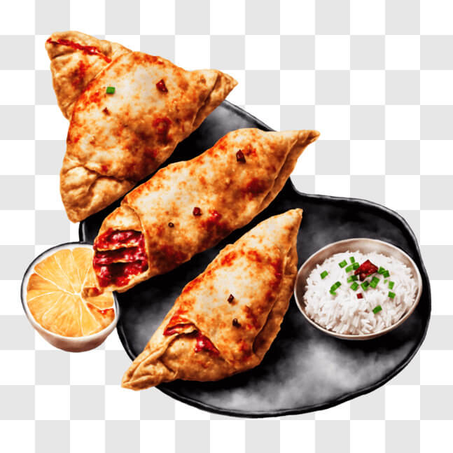 Download Tasty Empanadas with Sauce and Orange Wedge PNG Online ...