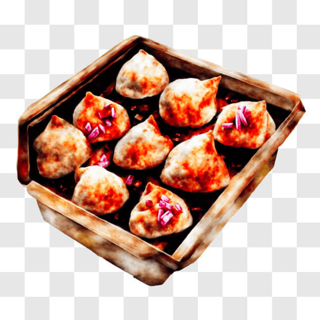 Download Delicious Tray of Dumplings with Sauce and Red Onions PNG ...