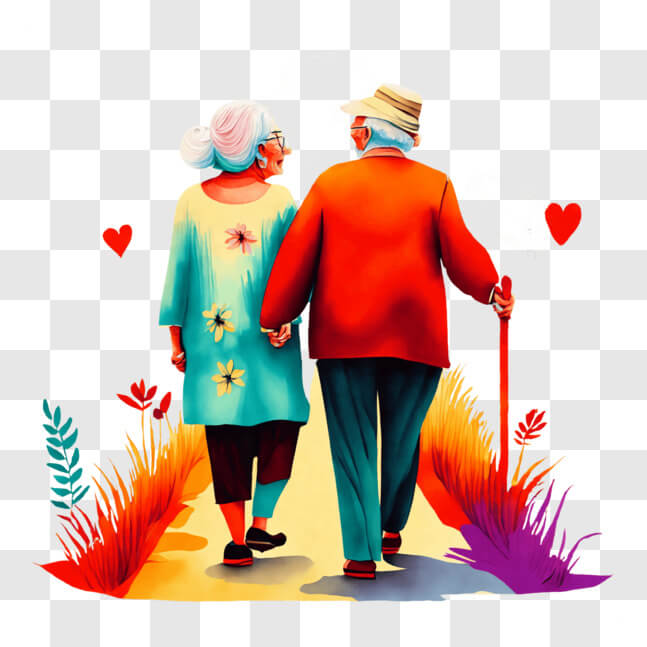 Download Elderly Couple Walking Hand-in-Hand with Flowers in Background ...