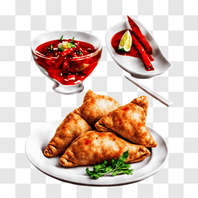Download Assorted International Appetizers with Red Dipping Sauce PNG ...