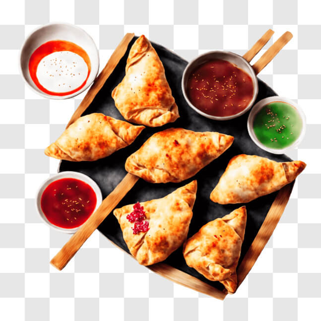 Download Delicious Assortment of Dumplings with Flavorful Sauces PNG ...