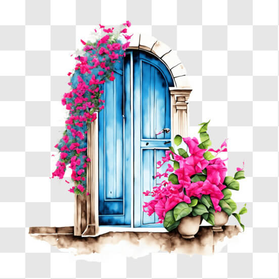 Download Charming Blue Door Entrance with Pink Flowers and Potted ...