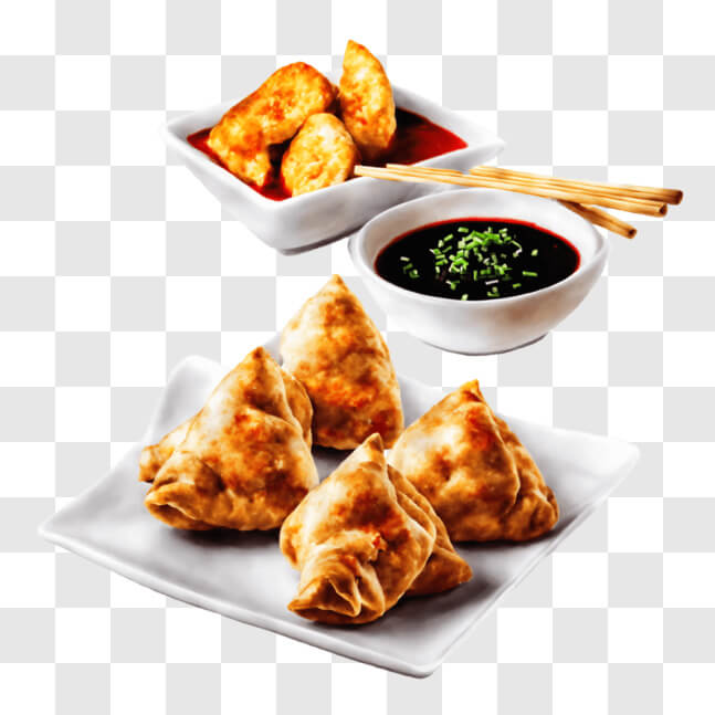 Download Delicious Fried Dumplings with Sauce and Chopsticks PNG Online ...