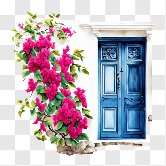 Download Vibrant Blue Door Surrounded by Pink Flowers PNG Online ...