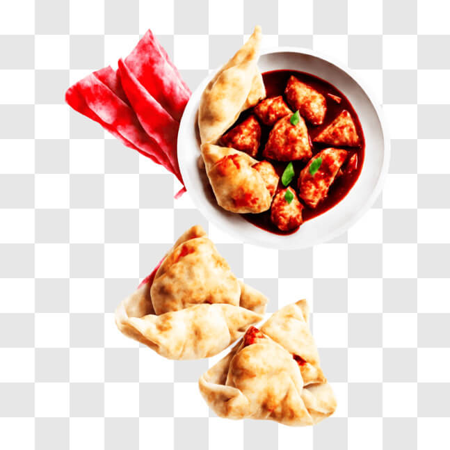 Download Appetizing Dumplings in a White Bowl with Red Sauce PNG Online ...