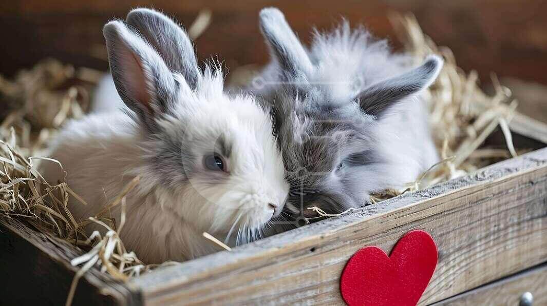Adorable Rabbits Cuddled in Wooden Box stock photo | Creative Fabrica