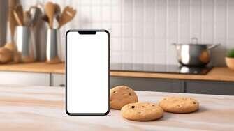 White Smartphone on Kitchen Counter with Cookies and Utensils Patterns White Smartphone on Kitchen Counter with Cookies and Utensils Patterns thumbnail