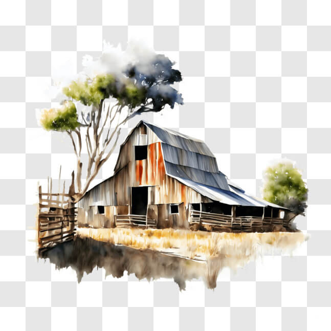 Download Watercolor Painting of an Old Barn with Wooden Fence and Trees ...