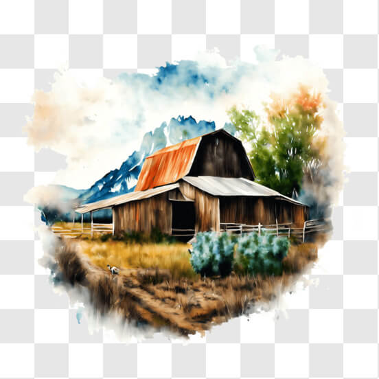 Download Watercolor painting of an old red barn in the countryside PNGs ...