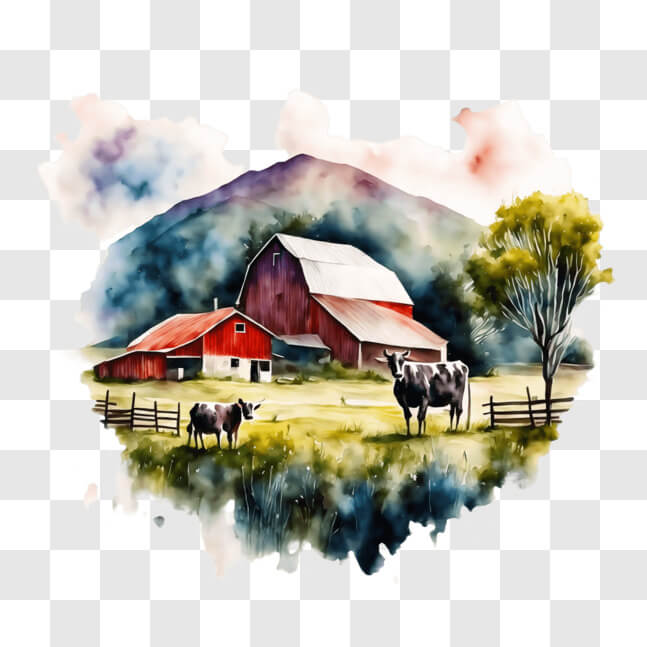 Download Watercolor Painting of Cows Grazing in a Field Next to an Old ...