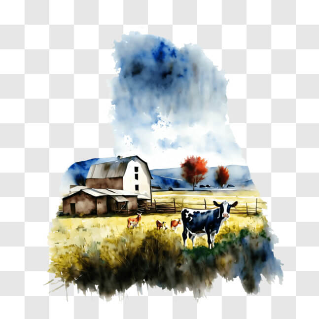 Download Watercolor Painting of Cows and Calves Grazing Near an Old ...