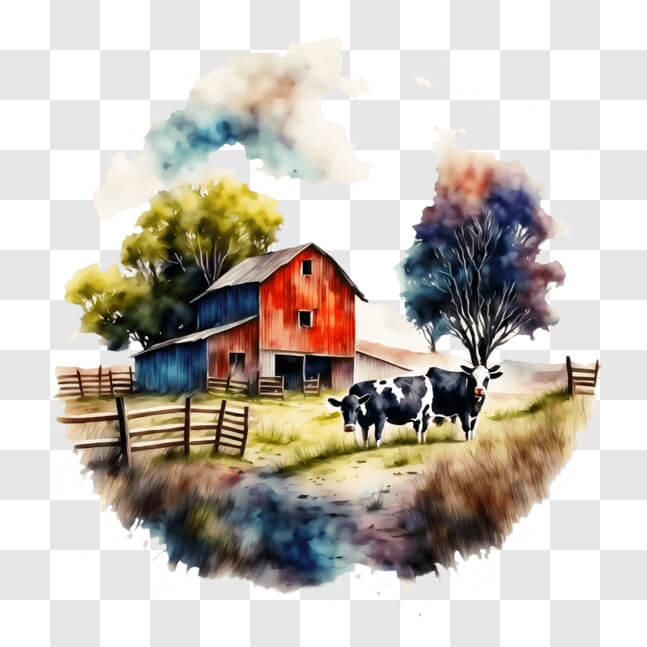 Download Rural Landscape with Cows Grazing in Front of Red Barn PNGs ...