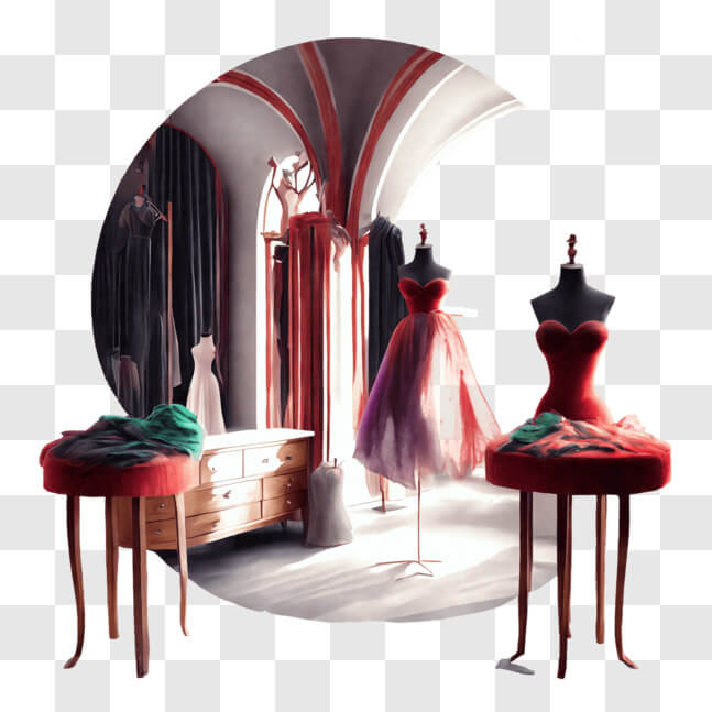 Download Mannequins in Red and Orange Dresses with Tables PNG Online