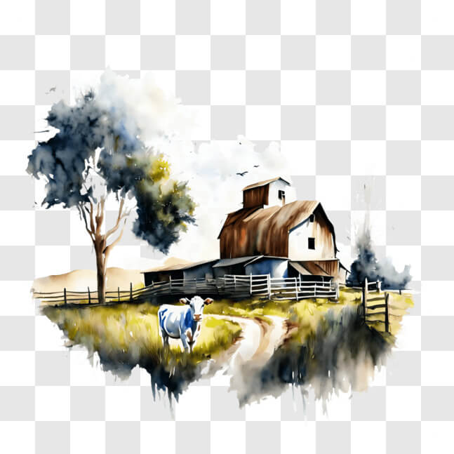 Download Idyllic Watercolor Farm Scene with Cows Grazing PNGs Online ...