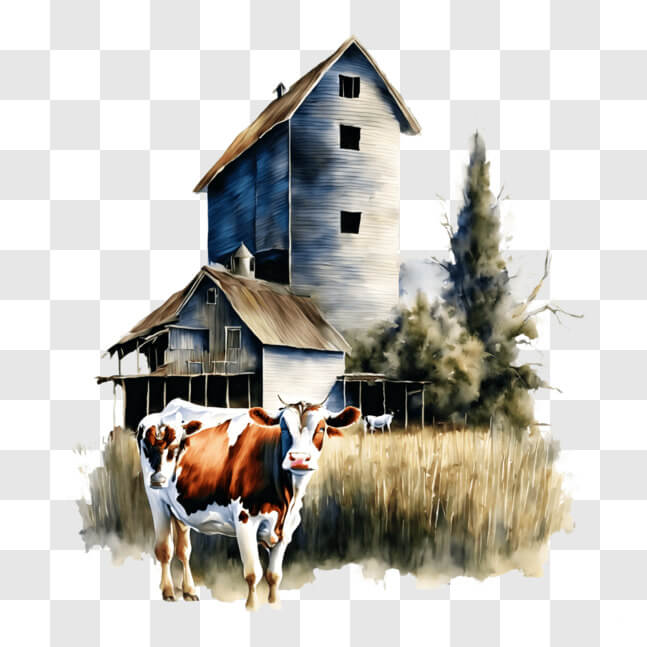 Download Two Cows in Front of an Old Farmhouse Painting PNGs Online ...