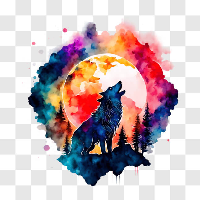 Download Colorful Wolf Howling at Full Moon with Trees and Mountains ...