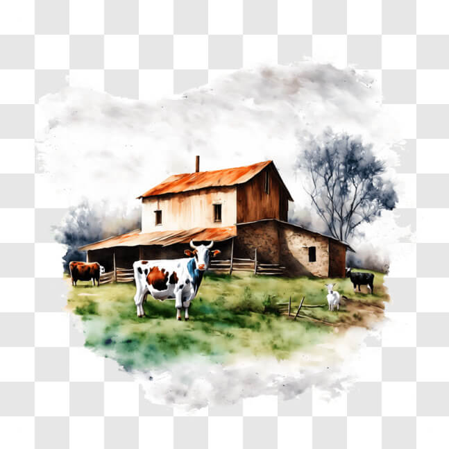 Download Watercolor Painting of Cows Grazing at Rustic Farmhouse PNGs ...