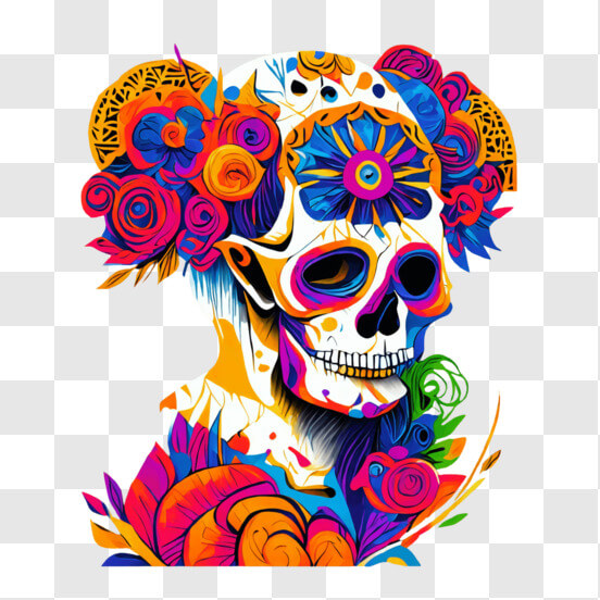 Sugar Skull with Colorful Flowers for Dia de los Muertos