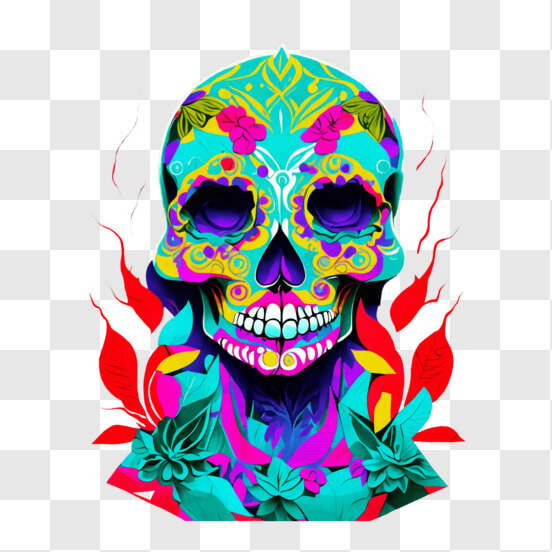 Colorful Sugar Skull with Bright Flowers on Black Background