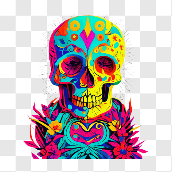 Colorful Sugar Skull with Flowers on Black Background