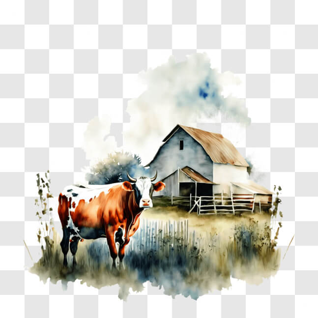 Download Cow in Watercolor Standing Next to Old Barn PNGs Online ...