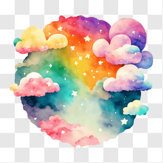 Download Colorful Watercolor Painting of Sky with Clouds and Stars PNGs ...