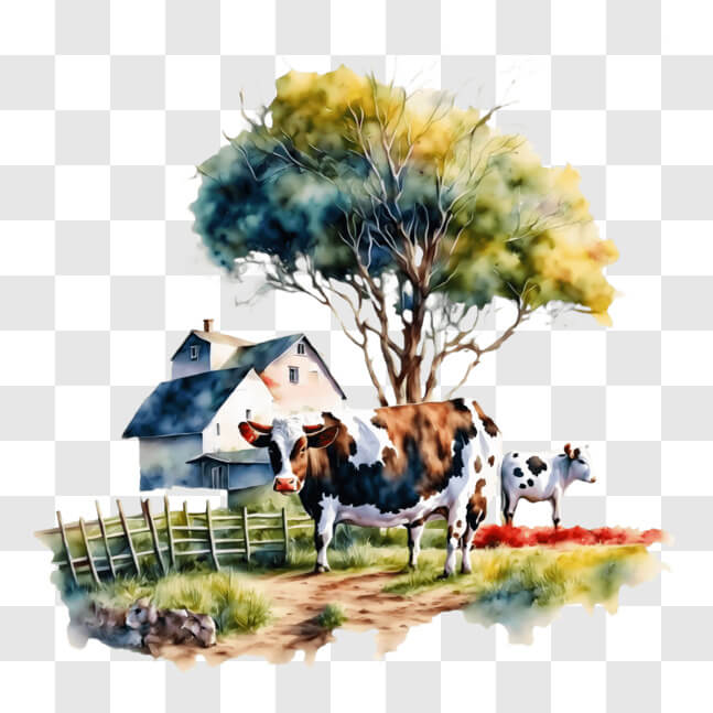 Download Watercolor Painting of Cows and Farm Animals in Front of an ...